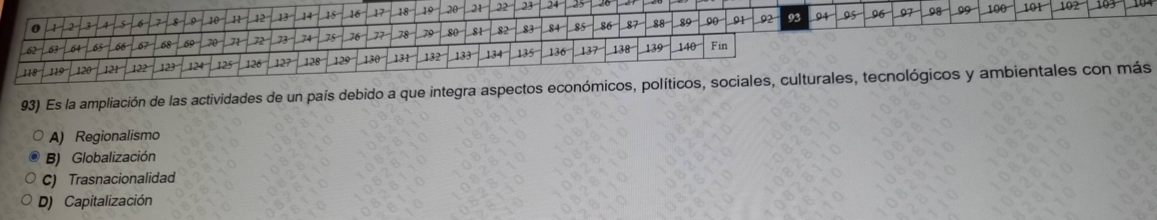 Es la ampliación de las actividades de un país debido a que integra aspectos ec
A) Regionalismo
B) Globalización
C) Trasnacionalidad
D) Capitalización