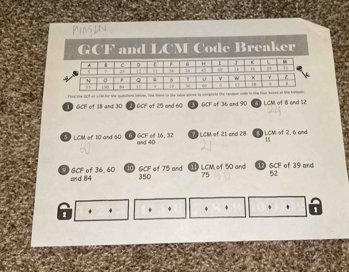 GCF and LCM Code Breaker 
A B C D E F G H J K L M
5 a 25 12 11 24 36 45 60 14 16 29 33
N 0 P Q R s T U v w x y Z
55 150 84 15 9 10 30 66 6 13 18 0 8
Find the GCF or LCA for the questions below, link them to the table above to complete the random code in the four boxes at the bottom:
10 GCF of 18 and 30 2 GCF of 25 and 60 30 GCF of 36 and 90 4 LCM of 8 and 12
5 LCM of 10 and 60 6 GCF of 16, 32 7 LCM of 21 and 28 8 LCM of 2, 6 and 
and 40
11
90 GCF of 36, 60 1 GCF of 75 and LCM of 50 and GCF of 39 and 
and 84 350 75 52
1 
1