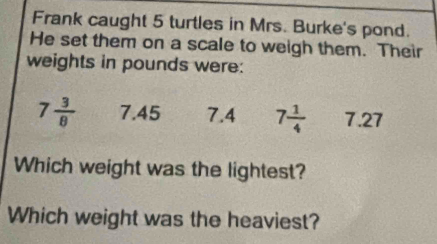 Frank caught 5 turtles in Mrs. Burke's pond.
He set them on a scale to weigh them. Their
weights in pounds were:
7 3/8  7.45 7.4 7 1/4  7.27
Which weight was the lightest?
Which weight was the heaviest?