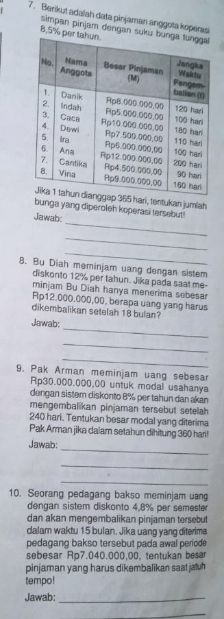 Berikut adalah data pinjaman anggota koperasi 
simpan pinjam dengan suku
8,5% pe 
5 hari, tentukan jumlah 
_ 
bunga yang diperoleh koperasi tersebut! 
Jawab: 
_ 
_ 
8. Bu Diah meminjam uang dengan sistem 
diskonto 12% per tahun. Jika pada saat me- 
minjam Bu Diah hanya menerima sebesar
Rp12.000.000,00, berapa uang yang harus 
dikembalikan setelah 18 bulan? 
_ 
Jawab: 
_ 
_ 
9. Pak Arman meminjam uang sebesar
Rp30.000.000,00 untuk modal usahanya 
dengan sistem diskonto 8% per tahun dan akan 
mengembalikan pinjaman tersebut setelah
240 hari. Tentukan besar modal yang diterima 
Pak Arman jika dalam setahun dihitung 360 hari! 
_ 
Jawab: 
_ 
_ 
10. Seorang pedagang bakso meminjam uang 
dengan sistem diskonto 4,8% per semester 
dan akan mengembalikan pinjaman tersebut 
dalam waktu 15 bulan. Jika uang yang diterima 
pedagang bakso tersebut pada awal periode 
sebesar Rp7.040.000,00, tentukan besar 
pinjaman yang harus dikembalikan saat jatuh 
tempo! 
Jawab:_ 
_