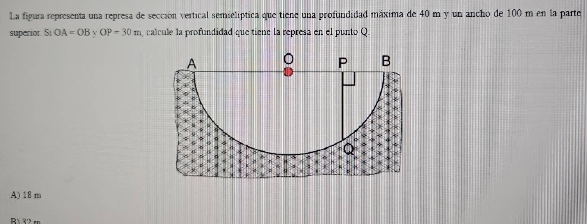 La figura representa una represa de sección vertical semielíptica que tiene una profundidad máxima de 40 m y un ancho de 100 m en la parte
superior. Si OA=OB y OP=30m , calcule la profundidad que tiene la represa en el punto Q.
A) 18 m
B) 32 m