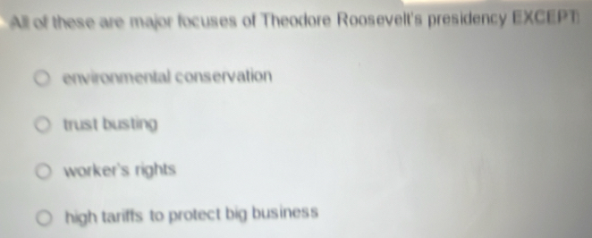 All of these are major focuses of Theodore Roosevelt's presidency EXCEPT
environmental conservation
trust busting
worker's rights
high tariffs to protect big business