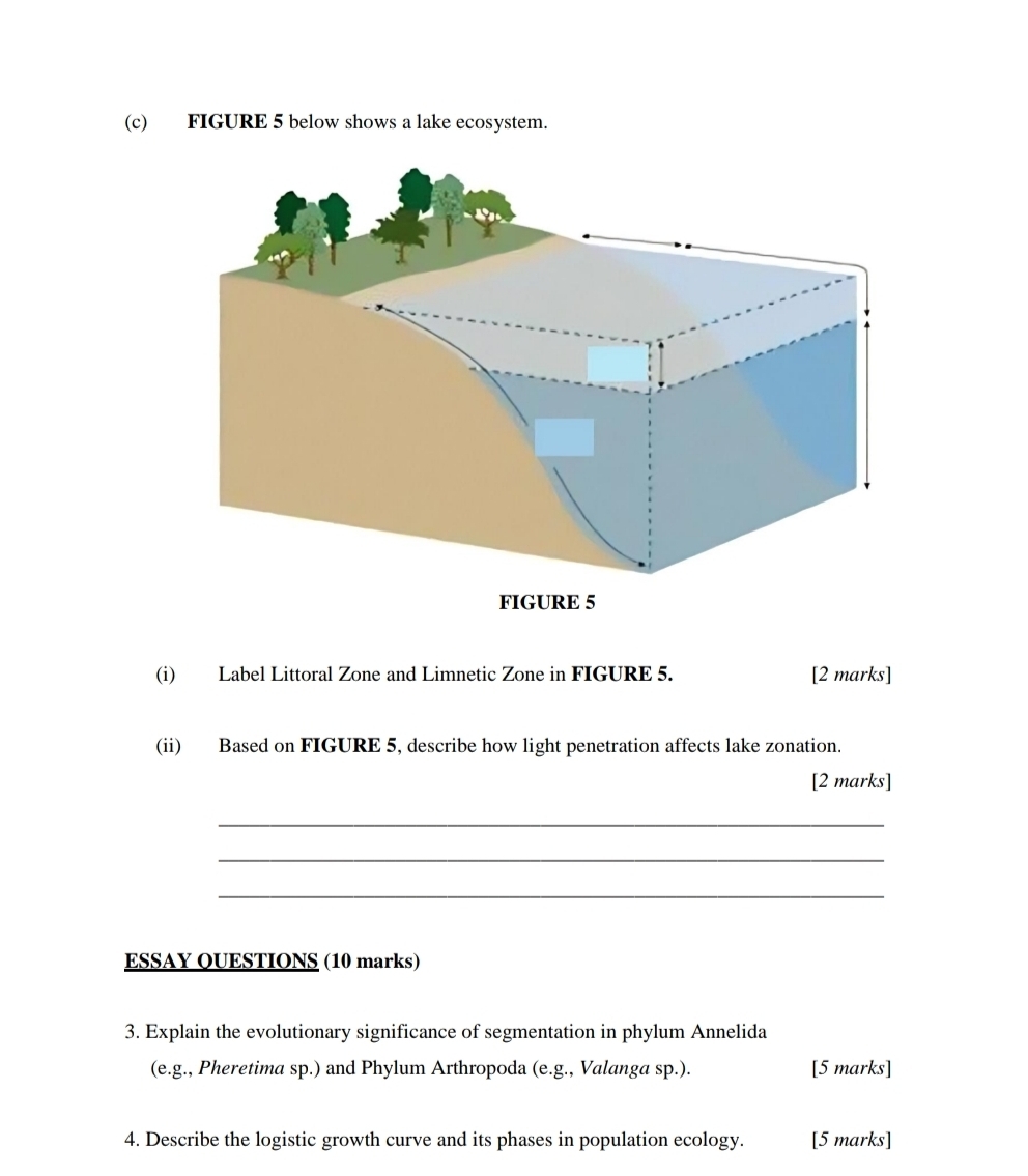 FIGURE 5 below shows a lake ecosystem. 
(i) Label Littoral Zone and Limnetic Zone in FIGURE 5. [2 marks] 
(ii) Based on FIGURE 5, describe how light penetration affects lake zonation. 
[2 marks] 
_ 
_ 
_ 
ESSAY QUESTIONS (10 marks) 
3. Explain the evolutionary significance of segmentation in phylum Annelida 
(e.g., Pheretima sp.) and Phylum Arthropoda (e.g., Valanga sp.). [5 marks] 
4. Describe the logistic growth curve and its phases in population ecology. [5 marks]