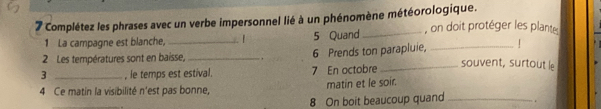 Complétez les phrases avec un verbe impersonnel lié à un phénomène météorologique. , on doit protéger les plant 
1 La campagne est blanche, _ 5 Quand 
2 Les températures sont en baisse, _. 6 Prends ton parapluie,_ 
3 _, le temps est estival. 7 En octobre _souvent, surtout 
4 Ce matin la visibilité n'est pas bonne, matin et le soir. 
8 On boit beaucoup quand _ .