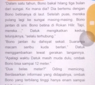 "Dalam satu tahun, Bono bakal hilang tiga bulan 
dari sungai. Ke mana dia? Dia bertemu dengan 
Bono betinanya di laut. Setelah puas, mereka 
pulang lagi ke sungai masing-masing Bono 
jantan di sini. Bono betina di Rokan Hilir. Tapi, 
mereka…," Datuk mengikatkan kedua 
telunjuknya, "selalu terhubung." 
'Bono jantan itu dahsyat sekali Suaranya 
macam seribu kuda berlari." Datuk 
menggambarkan lewat gerakan tangannya. 
"Apalagi waktu Datuk masih muda dulu, ombak 
Bono bisa sampai 12 meter." 
"Dua belas meter?" Oding memicing. 
Berdasarkan informasi yang didapatnya, ombak 
Bono yang terbilang tinggi hanya enam sampai