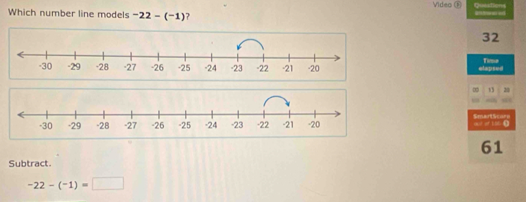 Video ⑥ Questions 
Which number line models -22-(-1) ?
32
Time 
elapsed
30 13 20
SmartScare 
oul of 100 ①
61
Subtract.
-22-(-1)=□