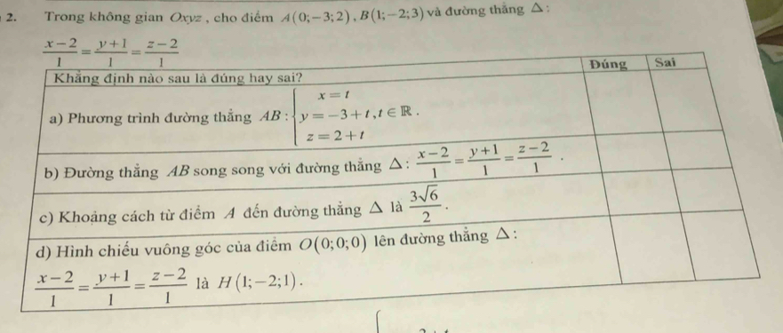 Trong không gian Oxvz , cho điểm A(0;-3;2),B(1;-2;3) và đường thắng △ :