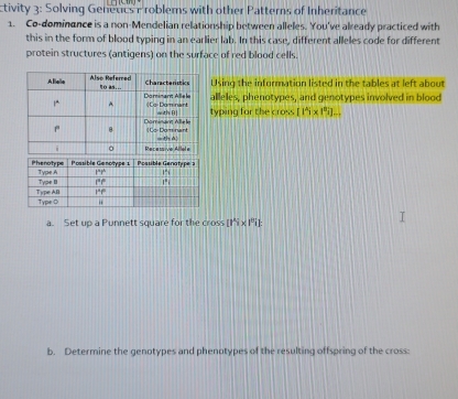 tivity 3: Solving Geneucs P roblems with other Patterns of Inheritance
1. Co-dominance is a non-Mendelian relationship between alleles. You've already practiced with
this in the form of blood typing in an earlier lab. In this case, different alleles code for different
protein structures (antigens) on the surface of red blood cells.
Using the information listed in the tables at left about
alleles, phenotypes, and genotypes involved in blood
typing for the cross [15* 15]
a. Set up a Punnett square for the cross [1^4i* 1^8i]
b. Determine the genotypes and phenotypes of the resulting offspring of the cross: