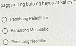 paggamit ng buto ng hayop at kahoy
Panahong Paleolitiko
Panahong Mesolitiko
Panahong Neolitiko