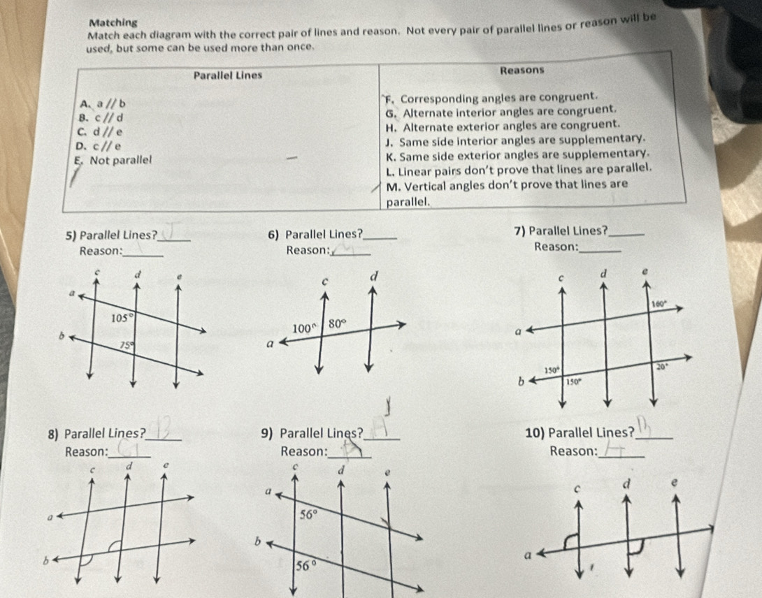 Matching
Match each diagram with the correct pair of lines and reason. Not every pair of parallel lines or reason will be
used, but some can be used more than once.
Parallel Lines Reasons
A. aparallel b F Corresponding angles are congruent.
B. cparallel d G. Alternate interior angles are congruent.
C. dparallel e H. Alternate exterior angles are congruent.
D. c//e J. Same side interior angles are supplementary.
E. Not parallel K. Same side exterior angles are supplementary.
L. Linear pairs don’t prove that lines are parallel.
M. Vertical angles don’t prove that lines are
parallel.
5) Parallel Lines?_ 6) Parallel Lines?_ 7) Parallel Lines?_
Reason:_ Reason:_ Reason:_
 
8) Parallel Lines?_ 9) Parallel Lines?_ 10) Parallel Lines?_
Reason: Reason:_