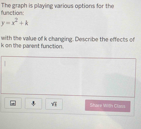 The graph is playing various options for the 
function:
y=x^2+k
with the value of k changing. Describe the effects of
k on the parent function. 
^
sqrt(± ) Share With Class