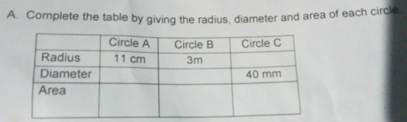 Complete the table by giving the radius, diameter and area of each circle