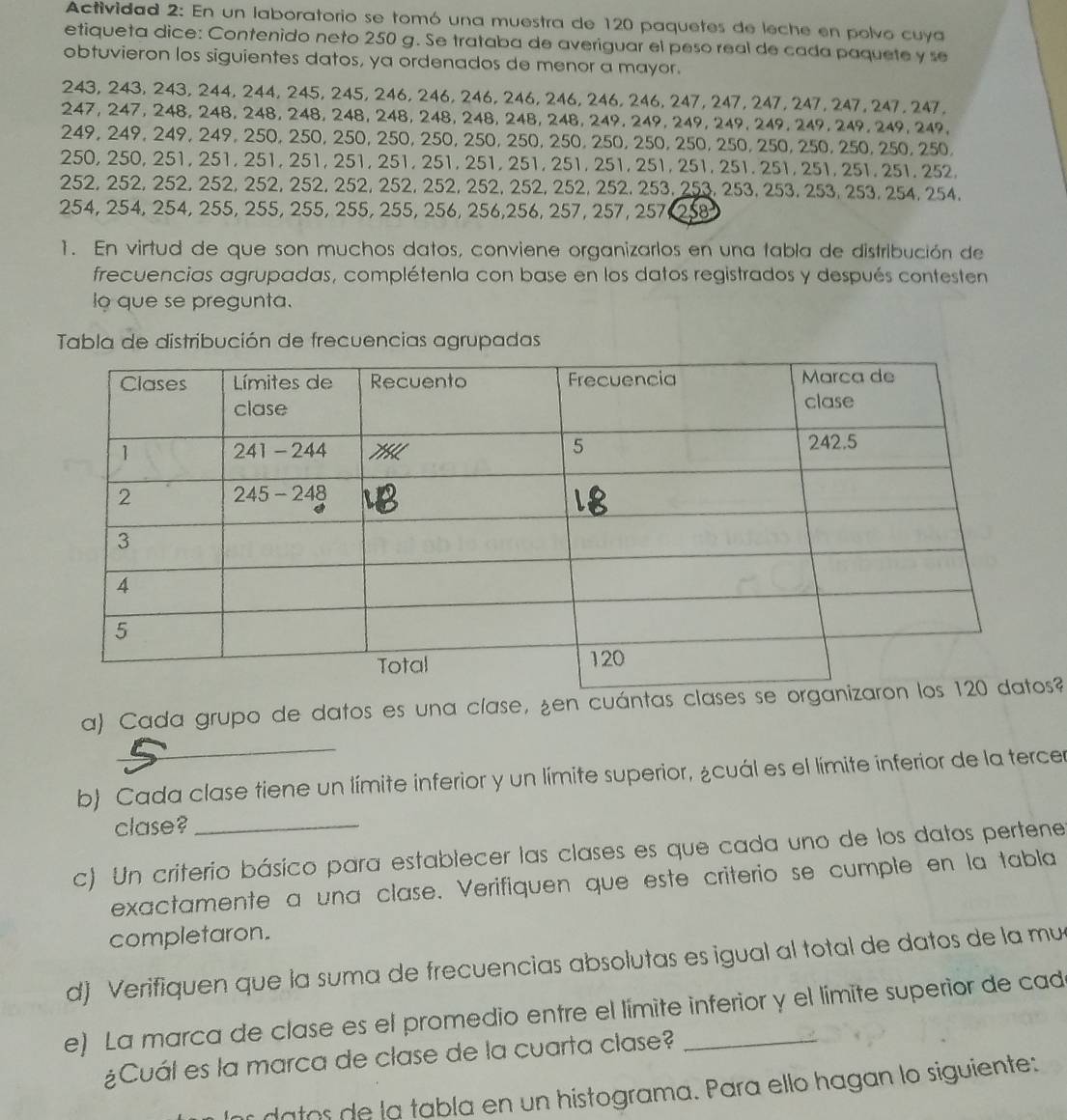 Actividad 2: En un laboratorio se tomó una muestra de 120 paquetes de leche en polvo cuya
etiqueta dice: Contenido neto 250 g. Se trataba de averiguar el peso real de cada paquete y se
obtuvieron los siguientes datos, ya ordenados de menor a mayor.
243, 243, 243, 244, 244, 245, 245, 246, 246, 246, 246, 246, 246, 246, 247, 247, 247, 247, 247, 247, 247,
247, 247, 248, 248, 248, 248, 248, 248, 248, 248, 248, 248, 249, 249, 249, 249, 249, 249, 249, 249, 249,
249, 249, 249, 249, 250, 250, 250, 250, 250, 250, 250, 250, 250, 250, 250, 250, 250, 250, 250, 250, 250,
250, 250, 251, 251, 251, 251, 251, 251, 251, 251, 251, 251, 251, 251, 251, 251, 251, 251, 251, 251, 252,
252, 252, 252, 252, 252, 252, 252, 252, 252, 252, 252, 252, 252, 253, 252, 253, 253, 253, 253, 254, 254,
254, 254, 254, 255, 255, 255, 255, 255, 256, 256,256, 257, 257, 257, 258
1. En virtud de que son muchos datos, conviene organizarlos en una tabla de distribución de
frecuencias agrupadas, complétenla con base en los datos registrados y después contesten
lo que se pregunta.
Tabla de distribución de frecuencias agrupadas
a) Cada grupo de datos es una clase, ¿en cuántas clases?
_
b) Cada clase tiene un límite inferior y un límite superior, ¿cuál es el límite inferior de la tercer
clase?_
c) Un criterio básico para establecer las clases es que cada uno de los datos pertene
exactamente a una clase. Verifiquen que este criterio se cumple en la tabla
completaron.
d) Verifiquen que la suma de frecuencias absolutas es igual al total de datos de la mu
e) La marca de clase es el promedio entre el límite inferior y el límite superior de cad
¿Cuál es la marca de clase de la cuarta clase?
r datos de la tabla en un histograma. Para ello hagan lo siguiente: