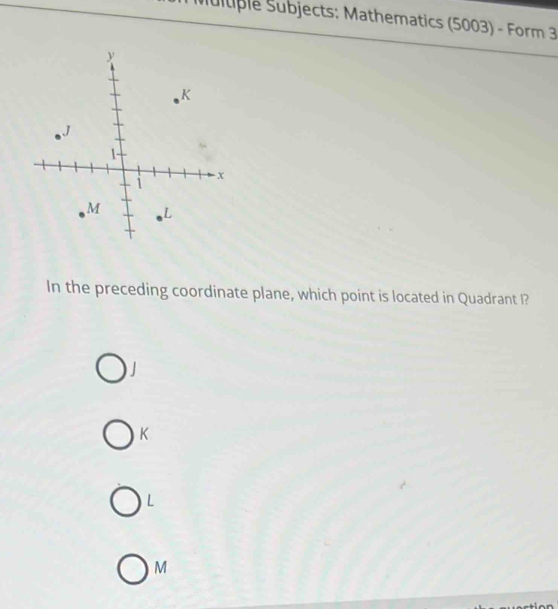 Multiple Subjects: Mathematics (5003) - Form 3
In the preceding coordinate plane, which point is located in Quadrant I?
K
L
M