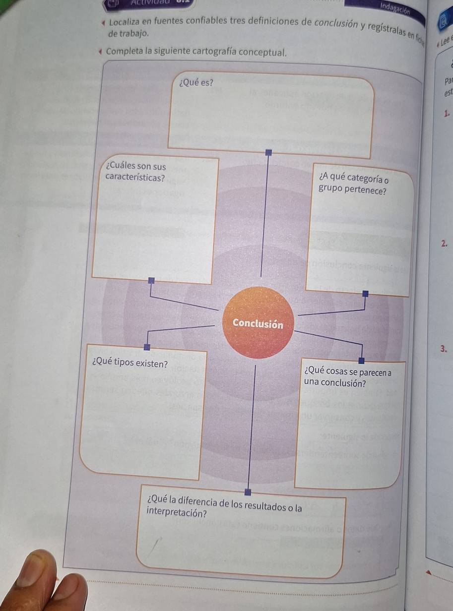 Indagación 
« Localiza en fuentes confiables tres definiciones de conclusión y regístralas en fid 
de trabajo. 
# Lee e 
Par 
est 
1. 
2. 
3.