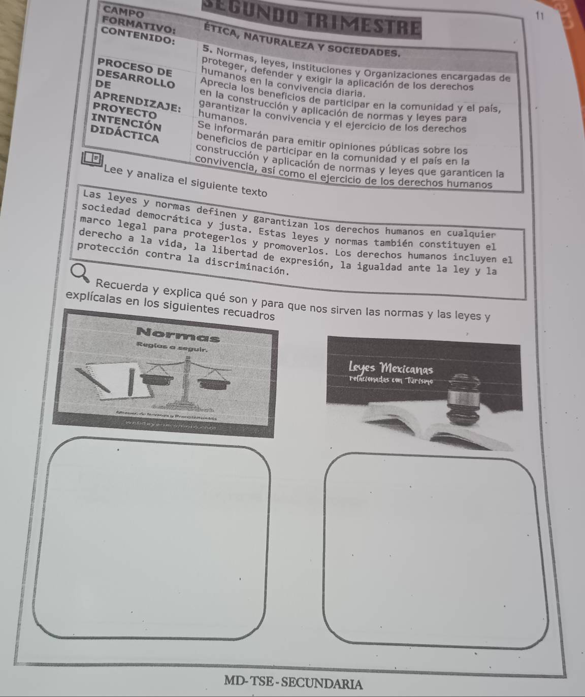 CAM 
Ségun 
y garantizan los derechos humanos en cualquier 
ocrática y justa. Estas leyes y normas también constituyen el 
marco legal para protegerlos y promoverlos. Los derechos humanos incluyen el 
derecho a la vida, la libertad de expresión, la igualdad ante la ley y la 
protección contra la discriminación. 
Recuerda y explica qué son y pue nos sirven las normas y las leyes y 
explícalas en l 
Leyes Mexicanas 
relacionadas con Turísmo 
MD- TSE - SECUNDARIA