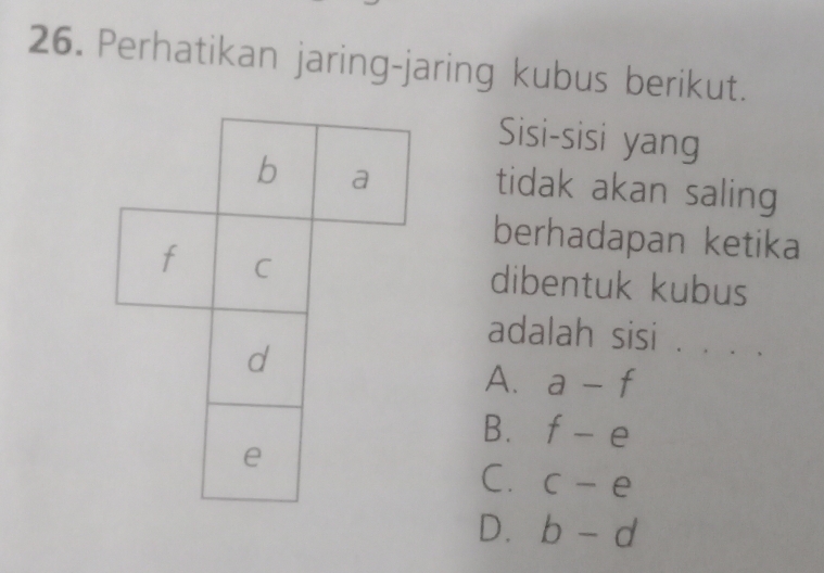 Perhatikan jaring-jaring kubus berikut.
Sisi-sisi yang
tidak akan saling
berhadapan ketika
dibentuk kubus
adalah sisi . . . .
A. a-f
B. f-e
C. c-e
D. b-d