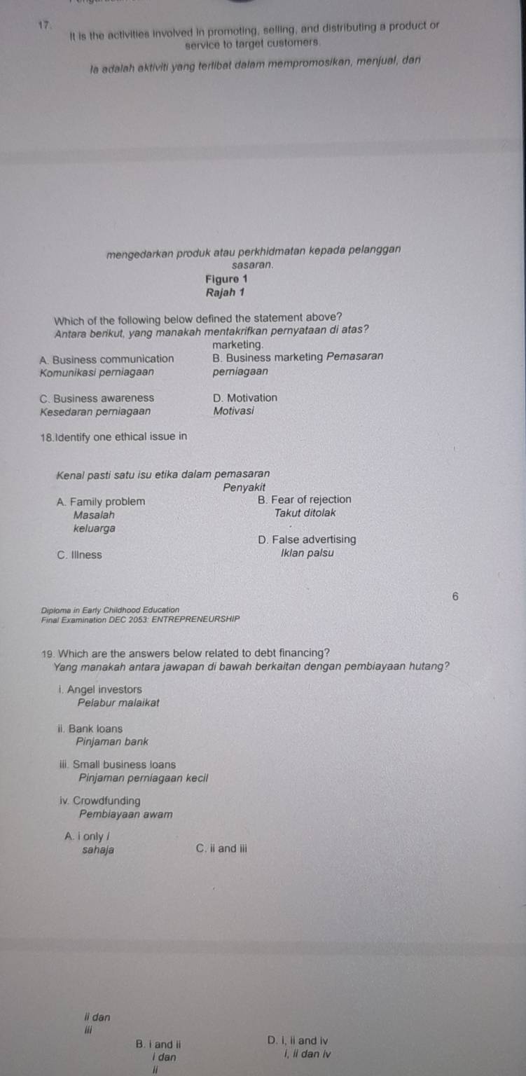 It is the activities involved in promoting, selling, and distributing a product or
service to target customers.
la adalah aktiviti yang terlibat dalam mempromosikan, menjual, dan
mengedarkan produk atau perkhidmatan kepada pelanggan
sasaran.
Figure 1
Rajah 1
Which of the following below defined the statement above?
Antara berikut, yang manakah mentakrifkan pernyataan di atas?
marketing.
A. Business communication B. Business marketing Pemasaran
Komunikasi perniagaan perniagaan
C. Business awareness D. Motivation
Kesedaran perniagaan Motivasi
18.Identify one ethical issue in
Kenal pasti satu isu etika dalam pemasaran
Penyakit
A. Family problem B. Fear of rejection
Masalah Takut ditolak
keluarga D. False advertising
C. Illness Iklan palsu
Diploma in Early Childhood Education
19. Which are the answers below related to debt financing?
Yang manakah antara jawapan di bawah berkaitan dengan pembiayaan hutang?
i. Angel investors
Pelabur malaikat
ii. Bank loans
Pinjaman bank
iii. Small business loans
Pinjaman perniagaan kecil
iv. Crowdfunding
Pembiayaan awam
A. i only /
sahaja C. iand ⅲ
ii dan
i
B. i and ii D. i, ii and iv
i dan i, ii dan iv