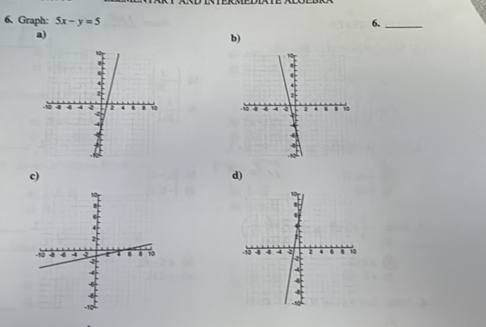 Graph: 5x-y=5 6._ 
a) 
b) 

c) 
d)