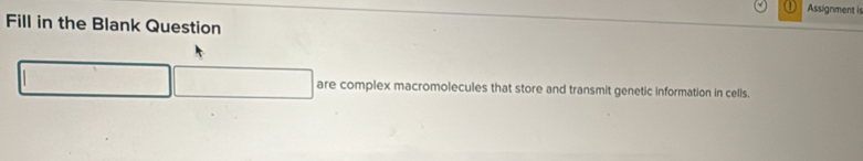 Assignment is 
Fill in the Blank Question 
are complex macromolecules that store and transmit genetic information in cells.