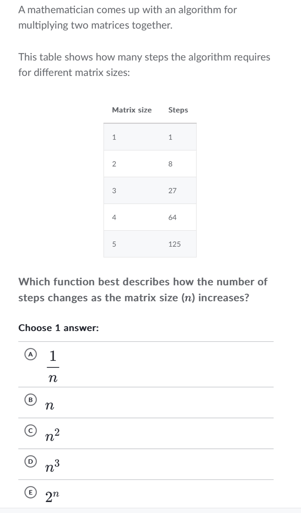 A mathematician comes up with an algorithm for
multiplying two matrices together.
This table shows how many steps the algorithm requires
for different matrix sizes:
Which function best describes how the number of
steps changes as the matrix size (n) increases?
Choose 1 answer:
A  1/n 
B
n
C n^2
D n^3
E 2^n