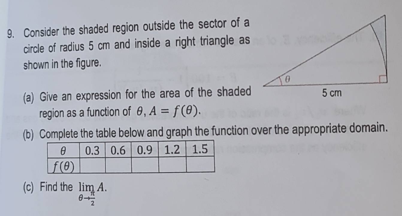 Consider the shaded region outside the sector of a
circle of radius 5 cm and inside a right triangle as
shown in the figure.
(a) Give an expression for the area of the shaded
region as a function of θ ,A=f(θ ).
(b) Complete the table below and graph the function over the appropriate domain.
(c) Find the limlimits _θ to  π /2 A.