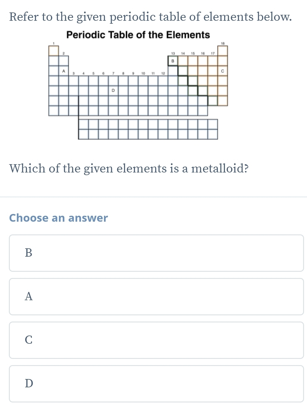 Refer to the given periodic table of elements below.
Periodic Table of the Elements
Which of the given elements is a metalloid?
Choose an answer
B
A
C
D