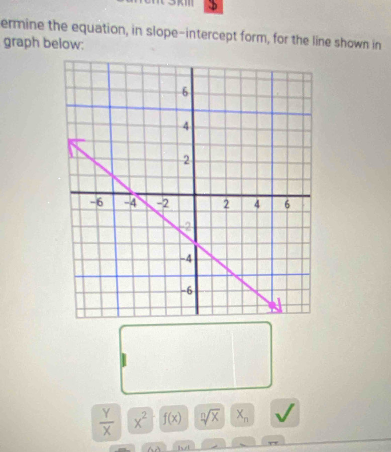 ermine the equation, in slope-intercept form, for the line shown in 
graph below:
 Y/X  x^2 f(x) sqrt[n](x) X_n