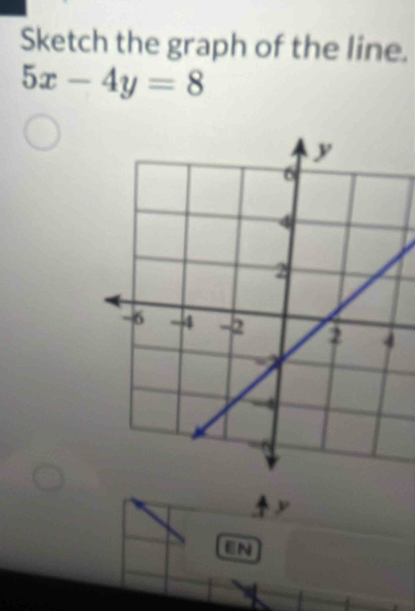 Sketch the graph of the line.
5x-4y=8
ν 
1 1