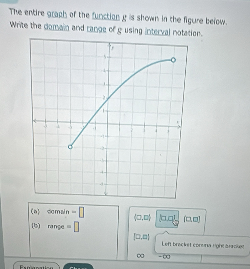 The entire graph of the function g is shown in the figure below. 
Write the domain and range of g using interval notation. 
(a) domain =□
(□ ,□ ) C (□ ,□ ]
(b) range =□
[□ ,□ )
Left bracket comma right bracket
∞ -∞