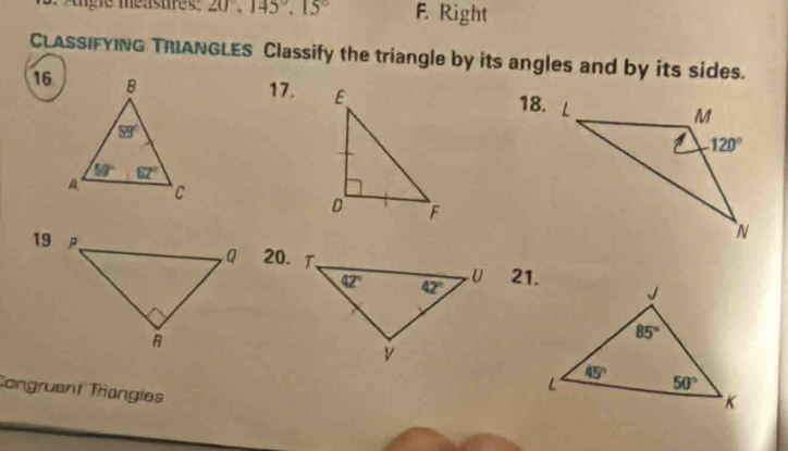 Solved: Agle mélistres 20°,145°,15° F. Right CLASSIFYING TRIANGLES ...