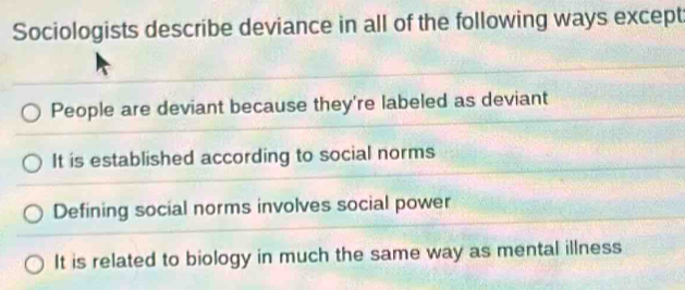 Sociologists describe deviance in all of the following ways except
People are deviant because they're labeled as deviant
It is established according to social norms
Defining social norms involves social power
It is related to biology in much the same way as mental illness