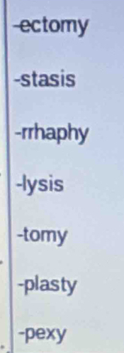 ectomy 
-stasis 
-rrhaphy 
-lysis 
-tomy 
-plasty 
-pexy