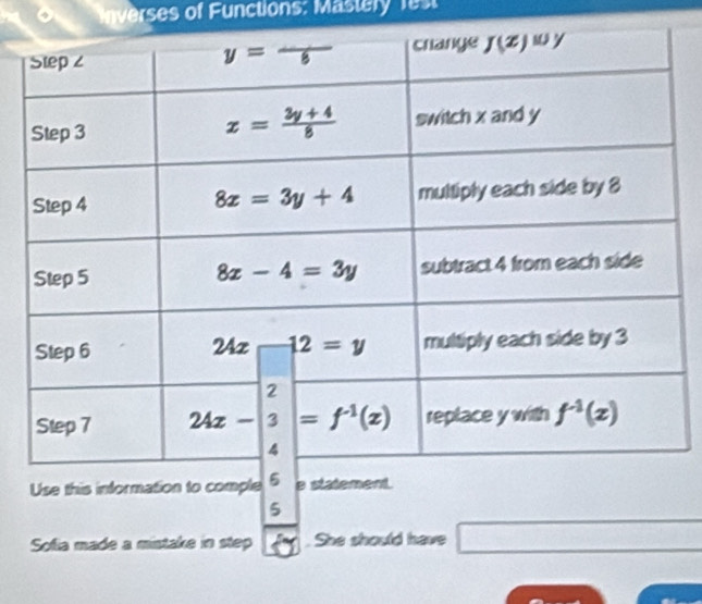 Inverses of Functions: Mastery fest
Use this information
5
Sofia made a mistake in step . She should have □