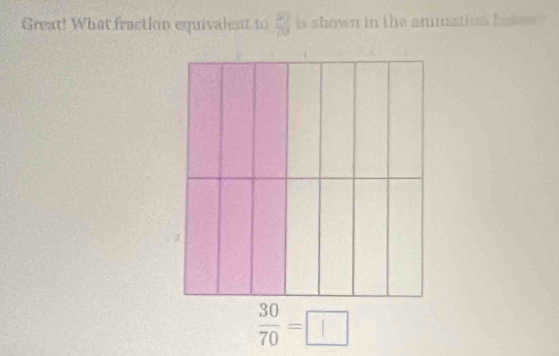 Great! What fraction equivalent to  50/20  is shown in the animation beses .
 30/70 =□