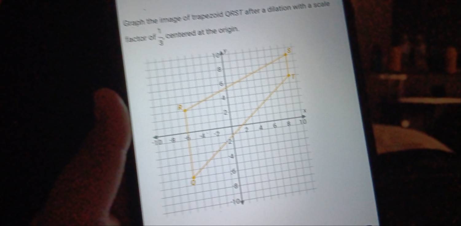 Graph the image of trapezoid QRST after a dilation with a scale
 1/9  centered at the origin.