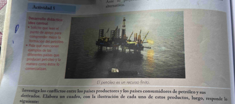 Ante su pio 
Actividad 5 
alternativos. 
Desarrollo didác 
idea central 
Solicite que lean 
punto de apoyo p 
comprender mejo 
formación del pet 
Pida que mencion 
ejemplos de los 
diferentes países q 
producen petróleo 
manera como éstos 
comercializan. 
Investiga los conflictos entre los países productores y los países consumidores de petróleo y sus 
derivados. Elabora un cuadro, con la ilustración de cada uno de estos productos, luego, responde lo 
siguiente: