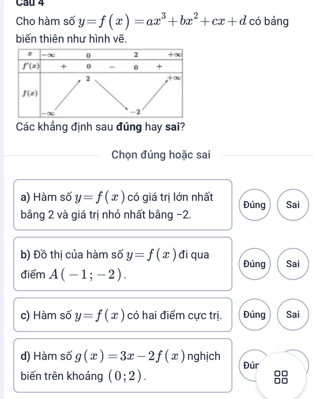 Cau 4
Cho hàm số y=f(x)=ax^3+bx^2+cx+d có bảng
biến thiên như hình vẽ.
Các khẳng định sau đúng hay sai?
Chọn đúng hoặc sai
a) Hàm số y=f(x) có giá trị lớn nhất
Đúng Sai
bằng 2 và giá trị nhỏ nhất bằng -2.
b) Đồ thị của hàm số y=f(x) đi qua
Đúng Sai
điểm A(-1;-2).
c) Hàm số y=f(x) có hai điểm cực trị. Đúng Sai
d) Hàm số g(x)=3x-2f(x) nghịch
Đúr
biến trên khoảng (0;2).