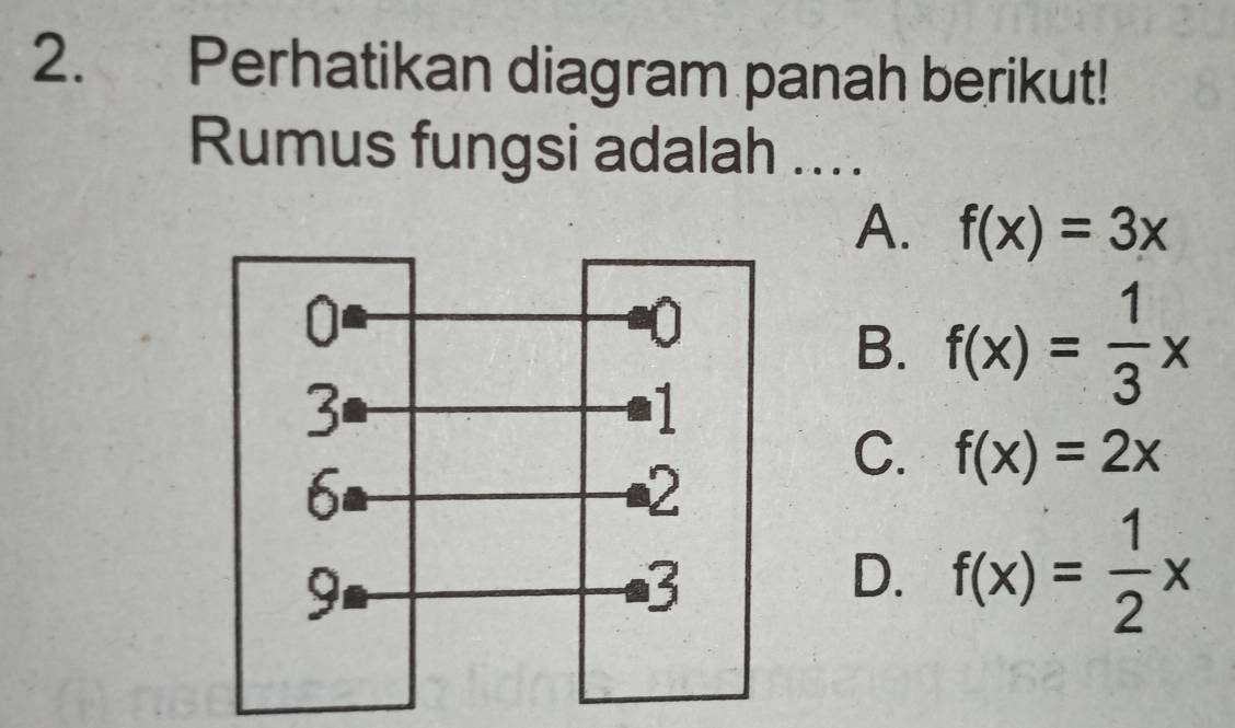 Perhatikan diagram panah berikut!
Rumus fungsi adalah ....
A. f(x)=3x
B. f(x)= 1/3 x
C. f(x)=2x
D. f(x)= 1/2 x