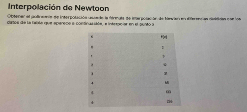 Interpolación de Newtoon
Obtener el polinomio de interpolación usando la fórmula de interpolación de Newton en diferencias divididas con los
datos de la tabla que aparece a continuación, e interpolar en el punto x