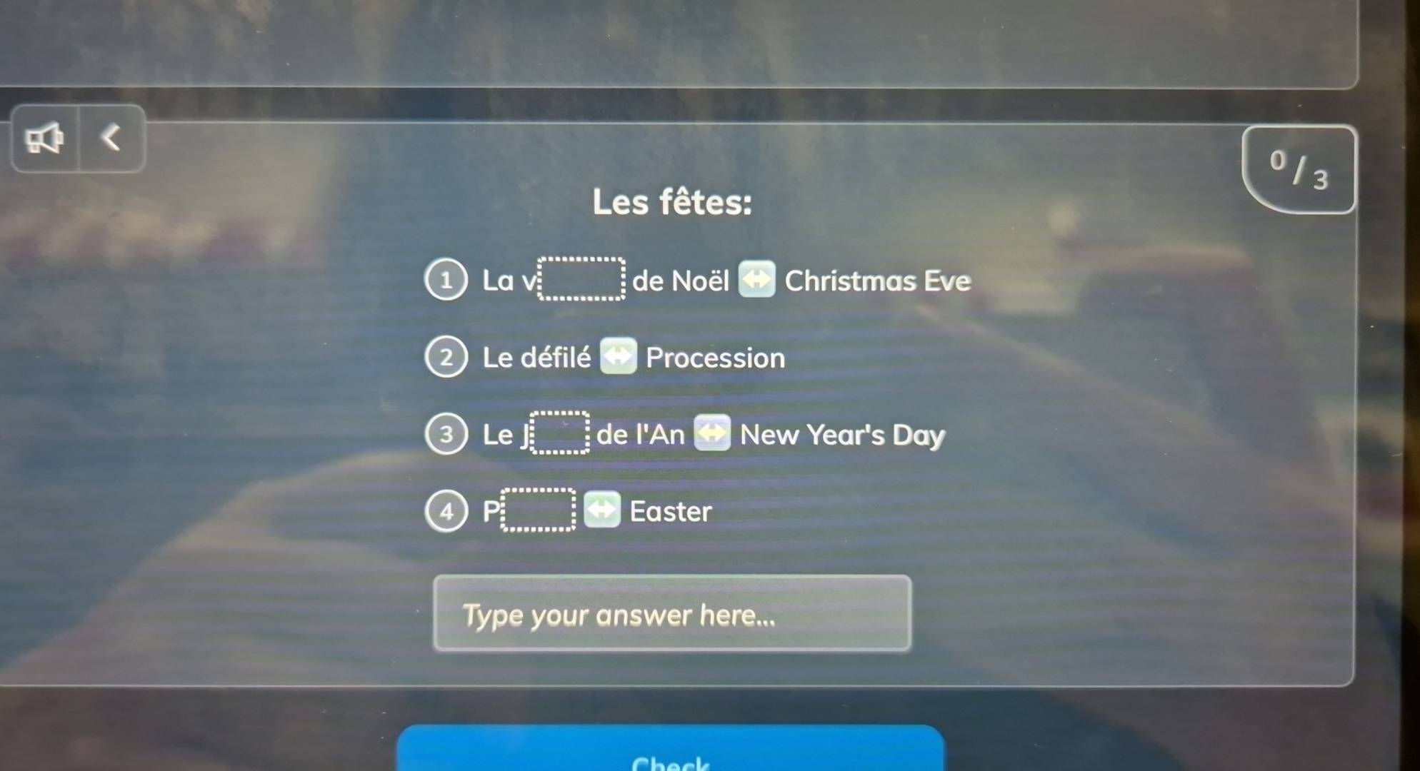 Les fêtes: 
1 Lave^(frac 5)2* 8* 6* 6* 6* 6* 6* 6* 6 3/2  3/2 * 8* 6* 6* 6* 6* 6* 6* 6* 6 de Noël Christmas Eve 
2) Le défilé □ Procession 
Le ∈t _ π /6 ^ π /2 _ π /6 ^ π /6  de l'An New Year's Day
P_ π /2 ^ 5/2 * _ 5/2 ^ 5/2  Easter 
Type your answer here...