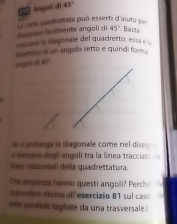 Angoli di 45°
La carta quadrettata può esserti d'aiuto per 
disegnare facilmente angoli di 45°. Basta 
tracciare la diagonale del quadretto: essa é la 
bisettrice di un angolo retto e quindi forma 
angoli di 45°. 
n 
Se si prolunga la diagonale come nel disegno. 
si formano degli angoli tra la linea tracciata e le 
linee orizzontali della quadrettatura. 
Che ampiezza hanno questi angoli? Perché Pe 
rispondere ritorna all'esercizio 81 sul caso le 
rette parallele tagliate da una trasversale.)