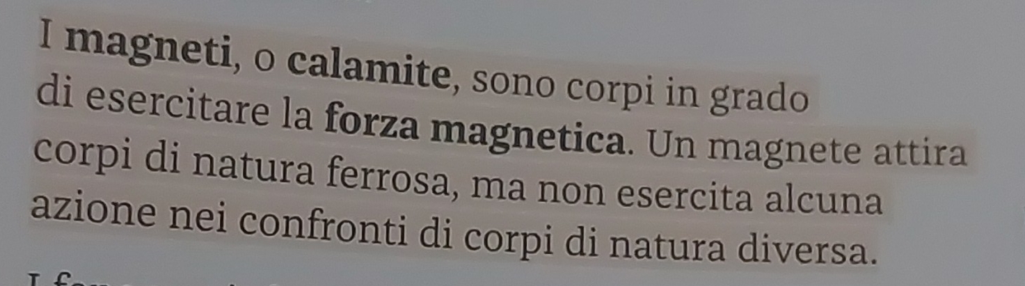 magneti, o calamite, sono corpi in grado 
di esercitare la forza magnetica. Un magnete attira 
corpi di natura ferrosa, ma non esercita alcuna 
azione nei confronti di corpi di natura diversa.