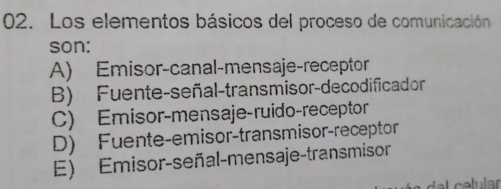 Los elementos básicos del proceso de comunicación
son:
A) Emisor-canal-mensaje-receptor
B) Fuente-señal-transmisor-decodificador
C) Emisor-mensaje-ruido-receptor
D) Fuente-emisor-transmisor-receptor
E) Emisor-señal-mensaje-transmisor