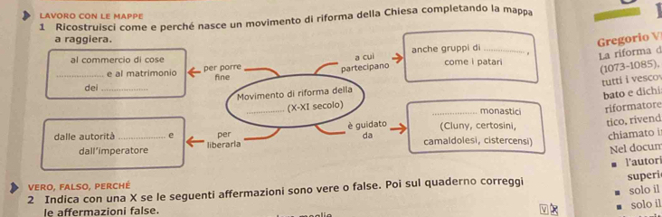 LAVORO CON LE MAPPE 
1 Ricostruisci come e perché nasce un movimento di riforma della Chiesa completando la mappa 
a raggiera. 
anche gruppi di 
La riforma d 
partecipano _ , Gregorio V 
al commercio di cose come i patari 
(1073-1085), 
_e al matrimonio per porre _a cui 
Aine 
dei_ 
tutti i vesco 
Movimento di riforma della 
bato e dichi 
_(X-XI secolo) 
_monastici riformatore 
(Cluny, certosini, tico, rivend 
dalle autorità _e per _è guidato camaldolesi, cistercensi) 
dall’imperatore liberarla da 
chiamato i 
Nel docum 
l'autori 
vero, falso, perché 
2 Indica con una X se le seguenti affermazioni sono vere o false. Poi sul quaderno correggi 
superi 
solo il 
le affermazioni false. 
v solo il