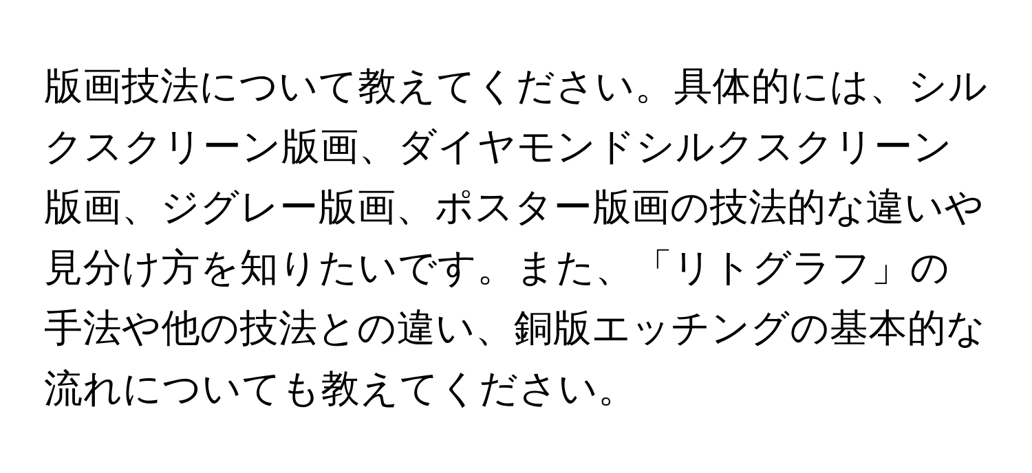 版画技法について教えてください。具体的には、シルクスクリーン版画、ダイヤモンドシルクスクリーン版画、ジグレー版画、ポスター版画の技法的な違いや見分け方を知りたいです。また、「リトグラフ」の手法や他の技法との違い、銅版エッチングの基本的な流れについても教えてください。