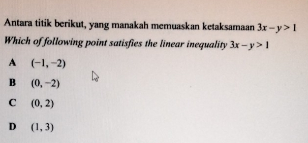 Antara titik berikut, yang manakah memuaskan ketaksamaan 3x-y>1
Which of following point satisfies the linear inequality 3x-y>1
A (-1,-2)
B (0,-2)
C (0,2)
D (1,3)