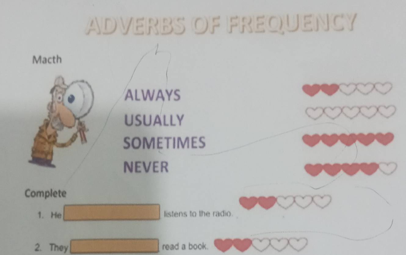 ADVERBS OF FREQUENCY
Macth
ALWAYS
usually
SOMETIMES
NEVER
Complete
1. He listens to the radio.
2. They read a book.