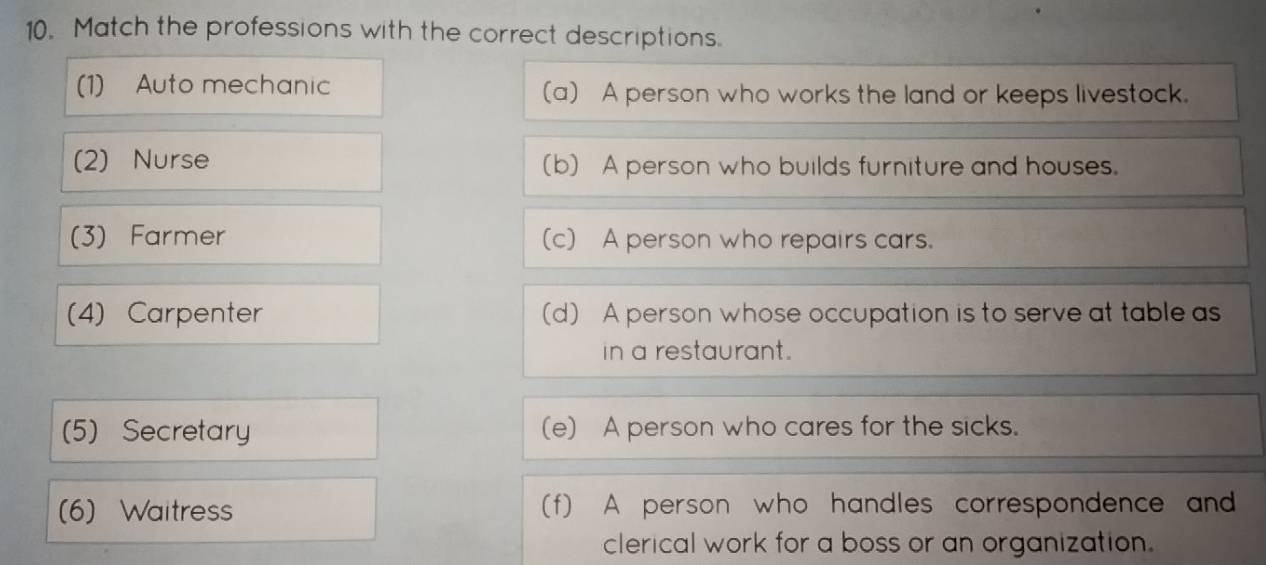 Match the professions with the correct descriptions.
(1) Auto mechanic (a) A person who works the land or keeps livestock.
(2) Nurse (b) A person who builds furniture and houses.
(3) Farmer (c) A person who repairs cars.
(4) Carpenter (d) A person whose occupation is to serve at table as
in a restaurant.
(5) Secretary (e) A person who cares for the sicks.
(6) Waitress (f) A person who handles correspondence and
clerical work for a boss or an organization.