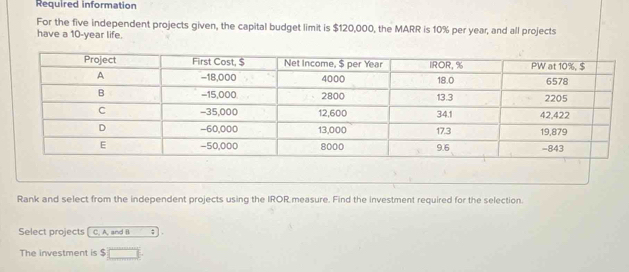 Required information 
For the five independent projects given, the capital budget limit is $120,000, the MARR is 10% per year, and all projects 
have a 10-year life. 
Rank and select from the independent projects using the IROR measure. Find the investment required for the selection 
Select projects [ C. A. and B ; 
The investment is $